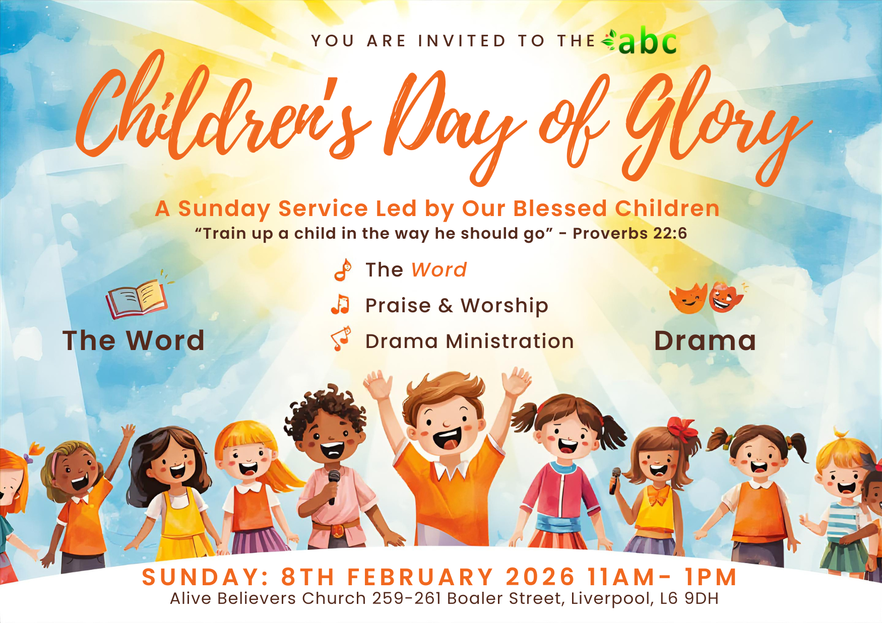 Alive Believers Church Children's Day of Glory Sunday Service Invitation flyer